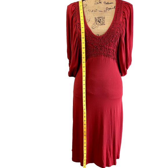 VTG Jersey Dress SHIRT PASSION ITALIA Dark Red Embroidered Bat Sleeves SZ S - Picture 7 of 14